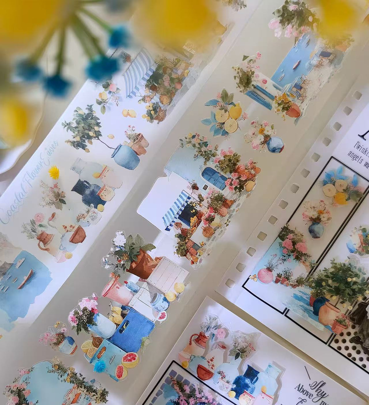 Coastal Harbour Floral Street Scene Die‑Cut PET Tape