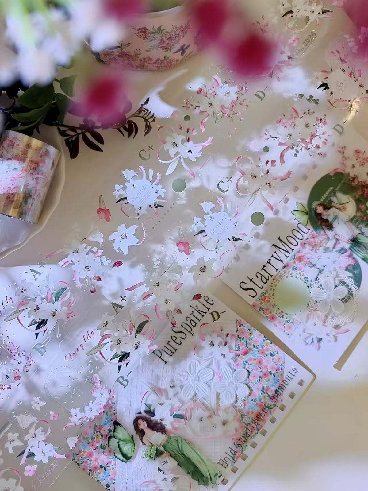 Pink Lily Floral Ribbon Die‑Cut PET Tape
