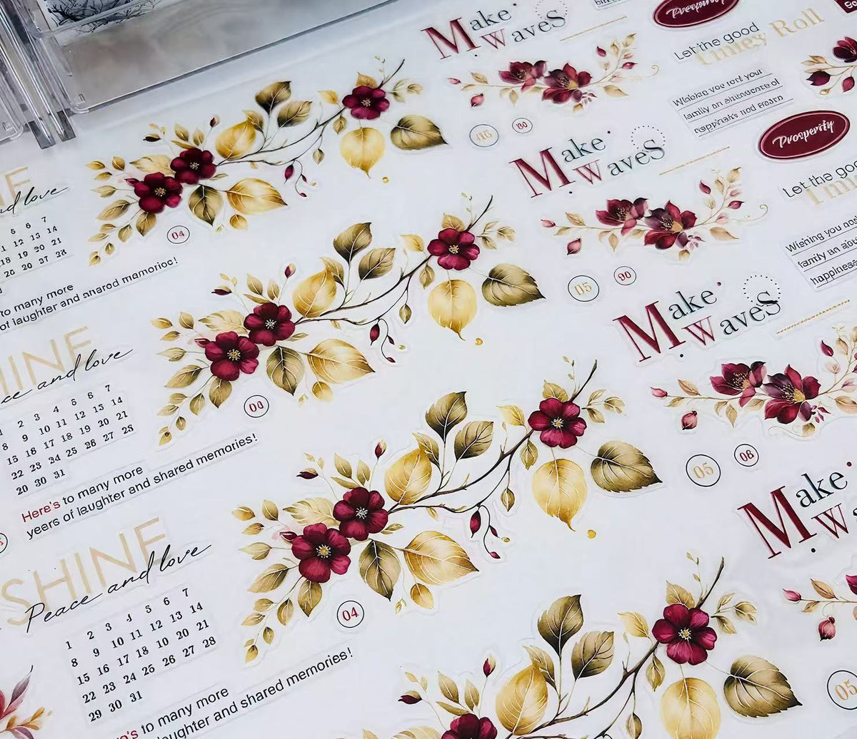Burgundy Warm Floral Greeting Script Washi Tape