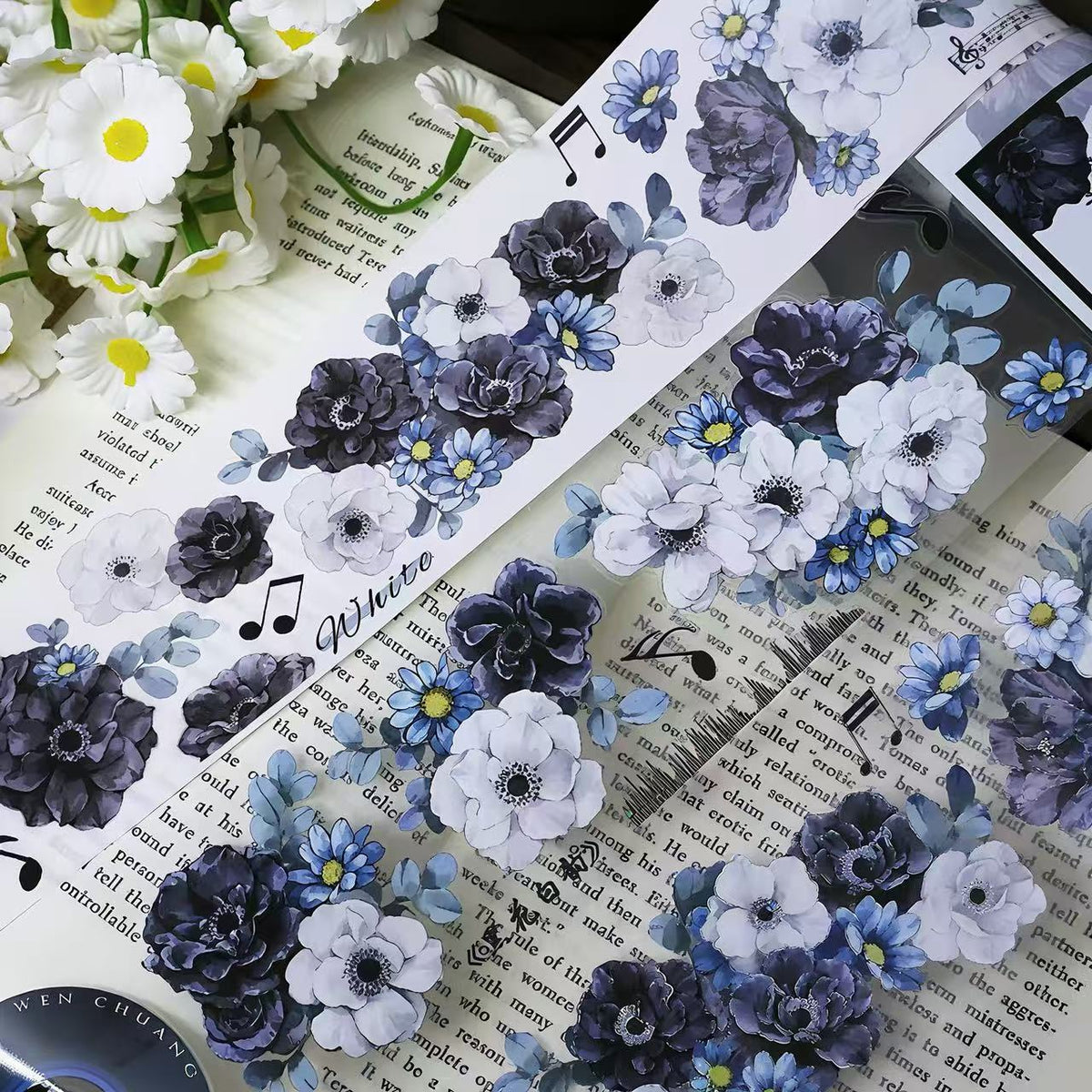 Black White Floral Die-Cut PET Tape