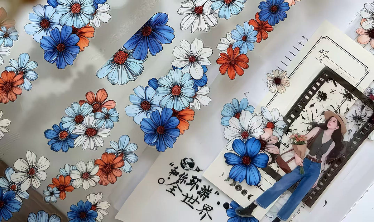 Blue Orange Mixed Daisy Flower Die‑Cut PET Tape