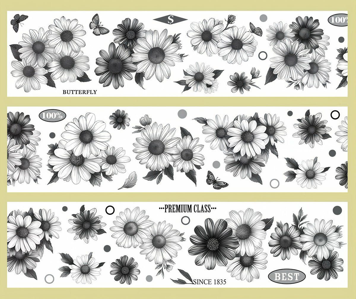 Black White Sketch Daisy Butterfly Die‑Cut PET Tape