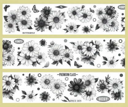 Black White Sketch Daisy Butterfly Die‑Cut PET Tape