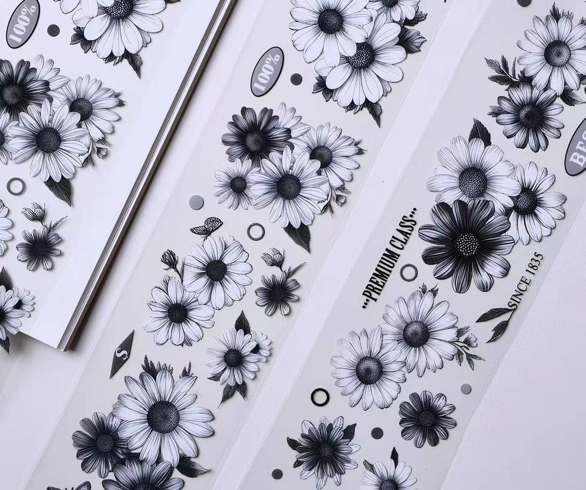 Black White Sketch Daisy Butterfly Die‑Cut PET Tape