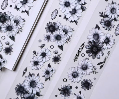 Black White Sketch Daisy Butterfly Die‑Cut PET Tape