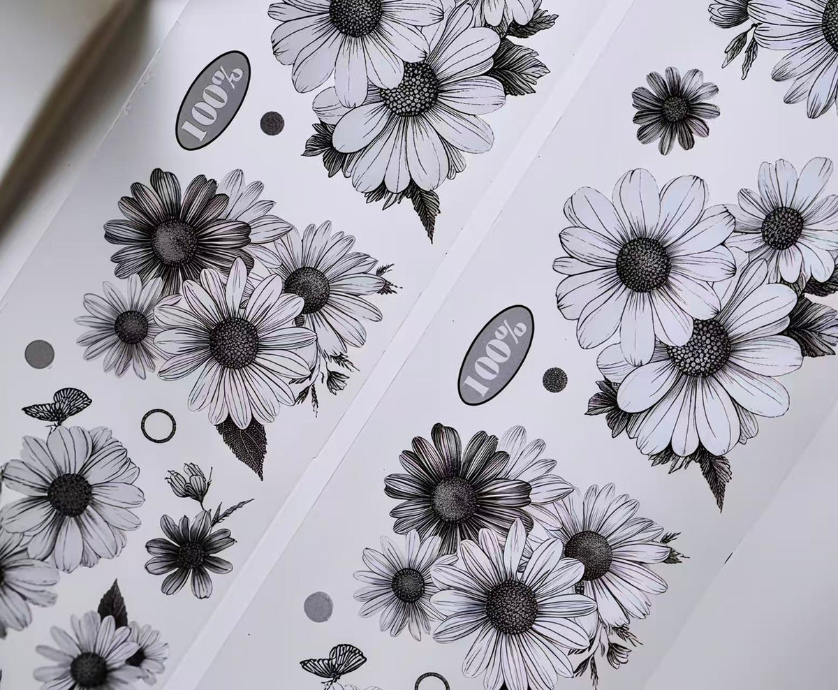 Black White Sketch Daisy Butterfly Die‑Cut PET Tape