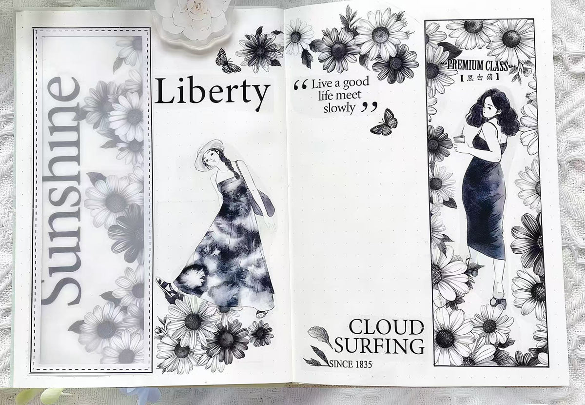 Black White Sketch Daisy Butterfly Die‑Cut PET Tape