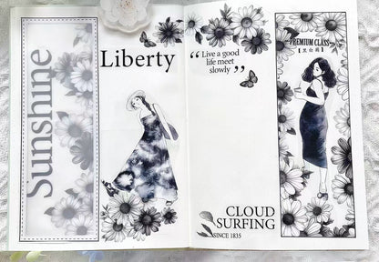 Black White Sketch Daisy Butterfly Die‑Cut PET Tape