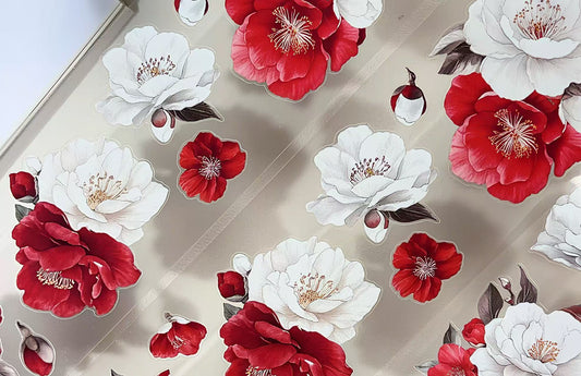 Red White Camellia Floral Die‑Cut PET Tape