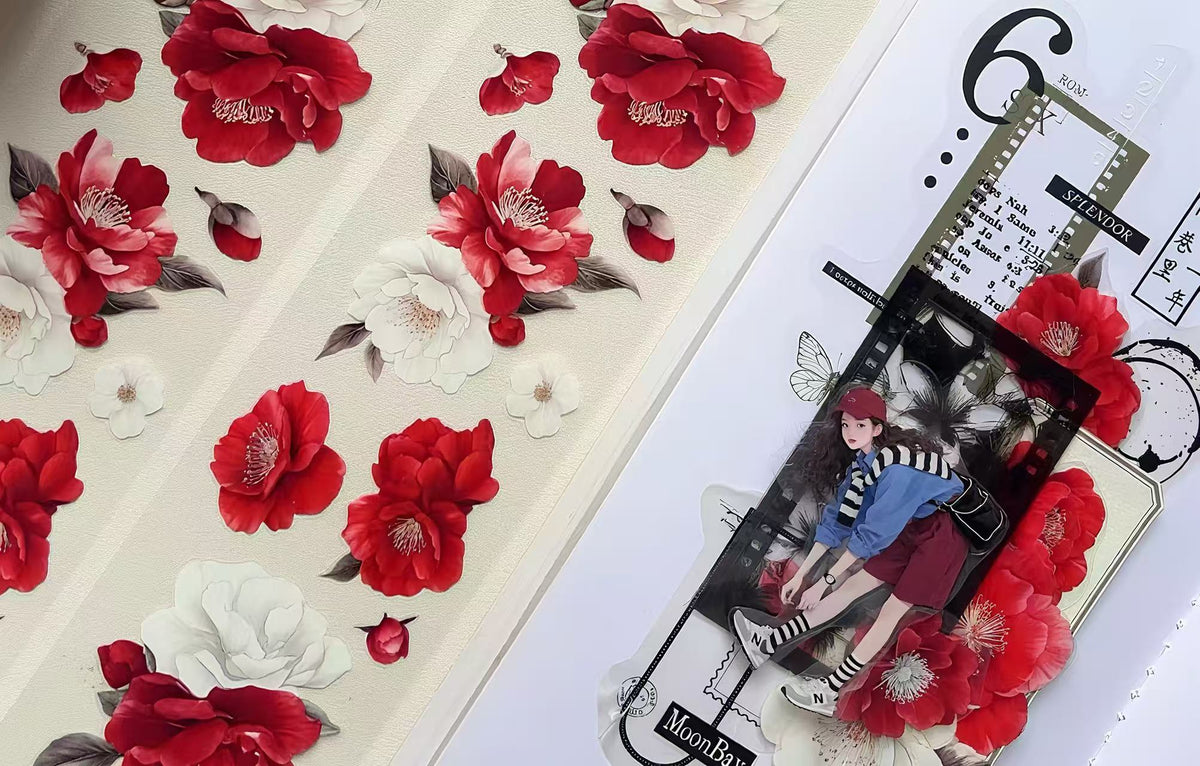 Red White Camellia Floral Die‑Cut PET Tape