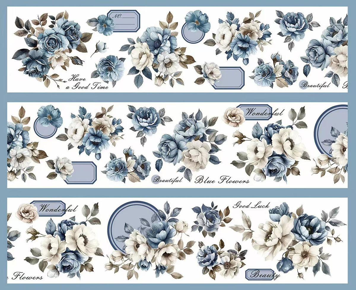 Elegant Blue White Floral Die‑Cut PET Tape