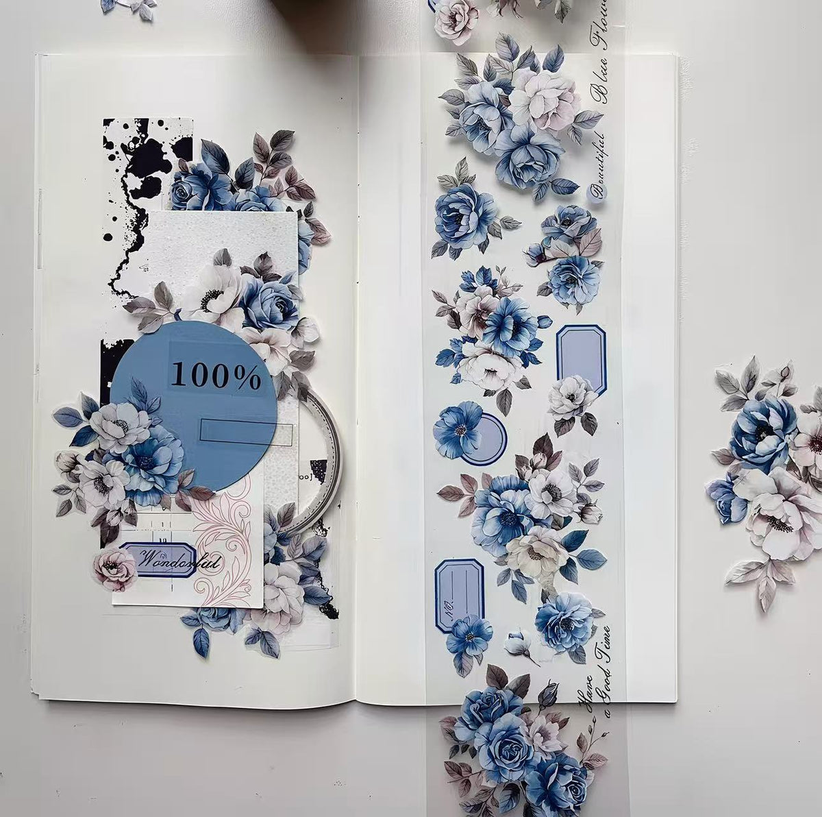 Elegant Blue White Floral Die‑Cut PET Tape