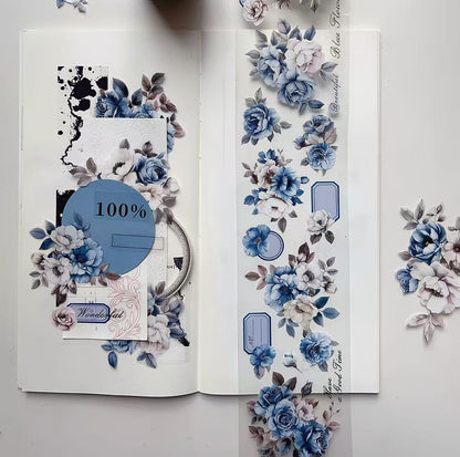 Elegant Blue White Floral Die‑Cut PET Tape