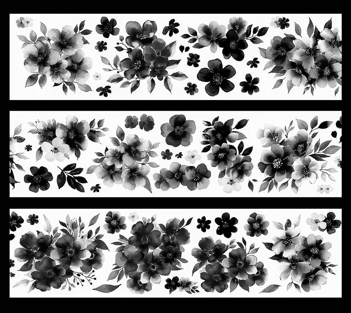 Black White Watercolor Wild Flower Die‑Cut PET Tape