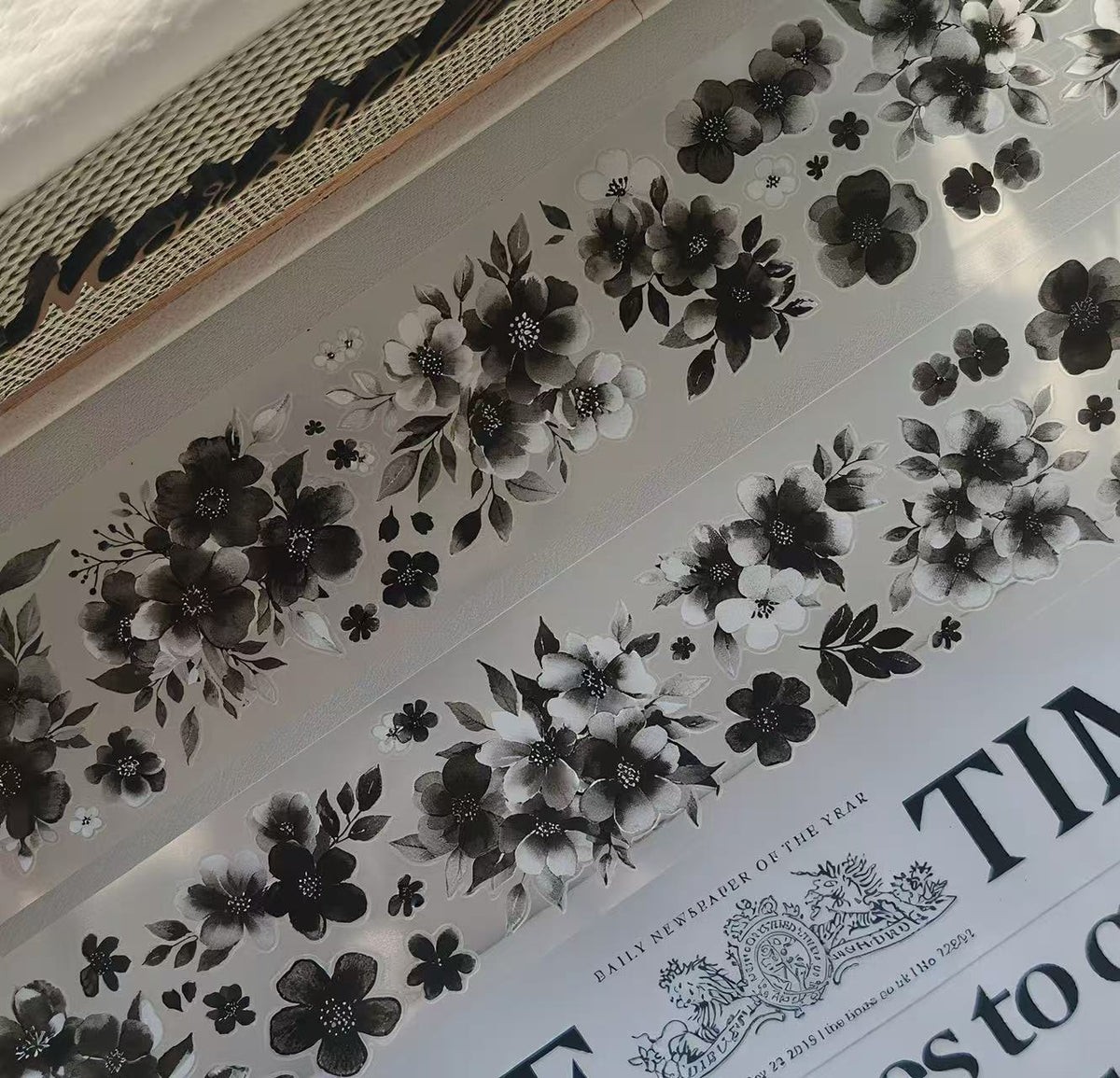 Black White Watercolor Wild Flower Die‑Cut PET Tape
