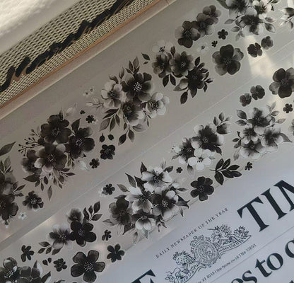 Black White Watercolor Wild Flower Die‑Cut PET Tape