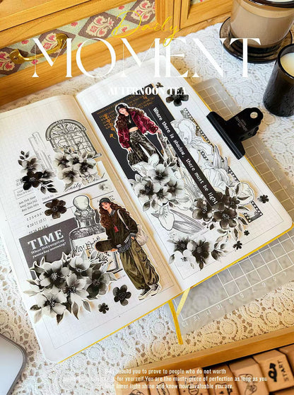 Black White Watercolor Wild Flower Die‑Cut PET Tape