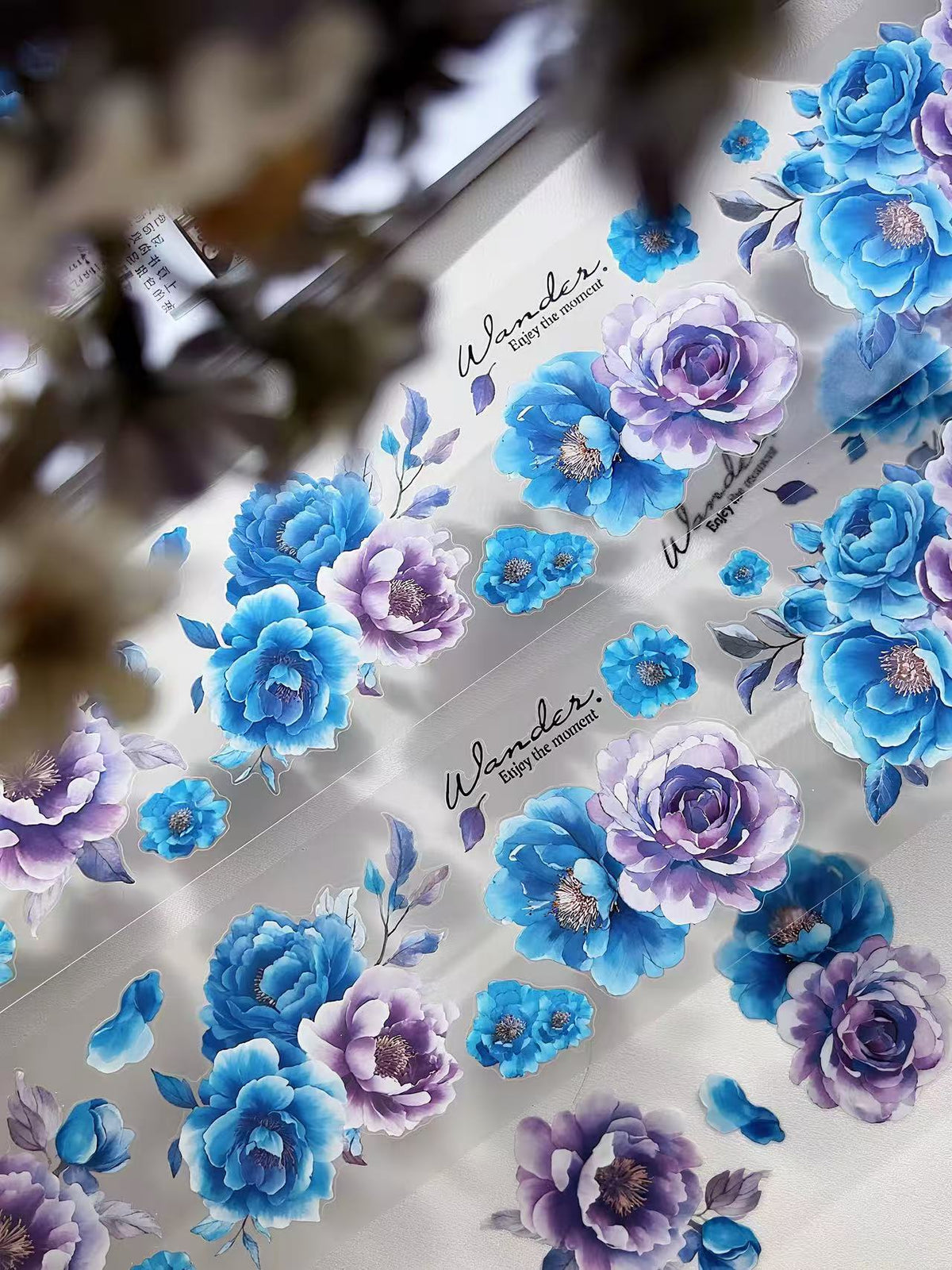 Blue Purple Peony Blooms Die‑Cut PET Tape