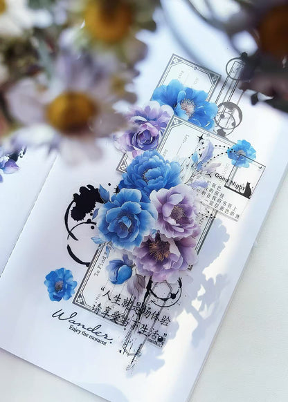 Blue Purple Peony Blooms Die‑Cut PET Tape