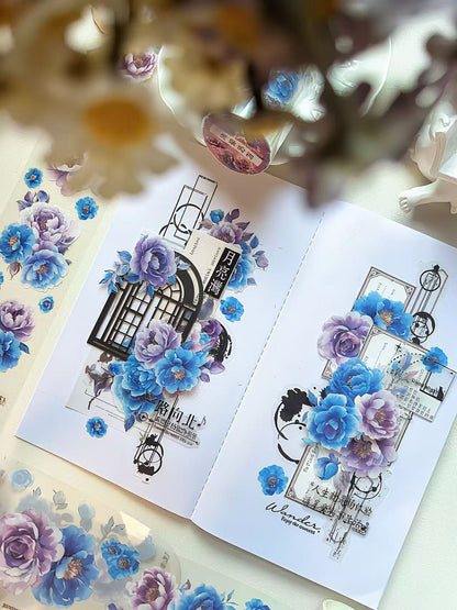 Blue Purple Peony Blooms Die‑Cut PET Tape