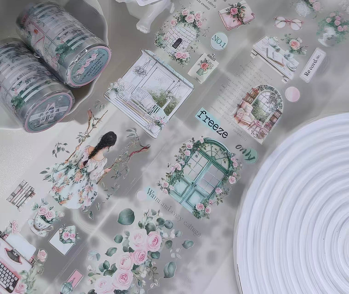 Soft Green Garden Window Girl Die‑Cut PET Tape