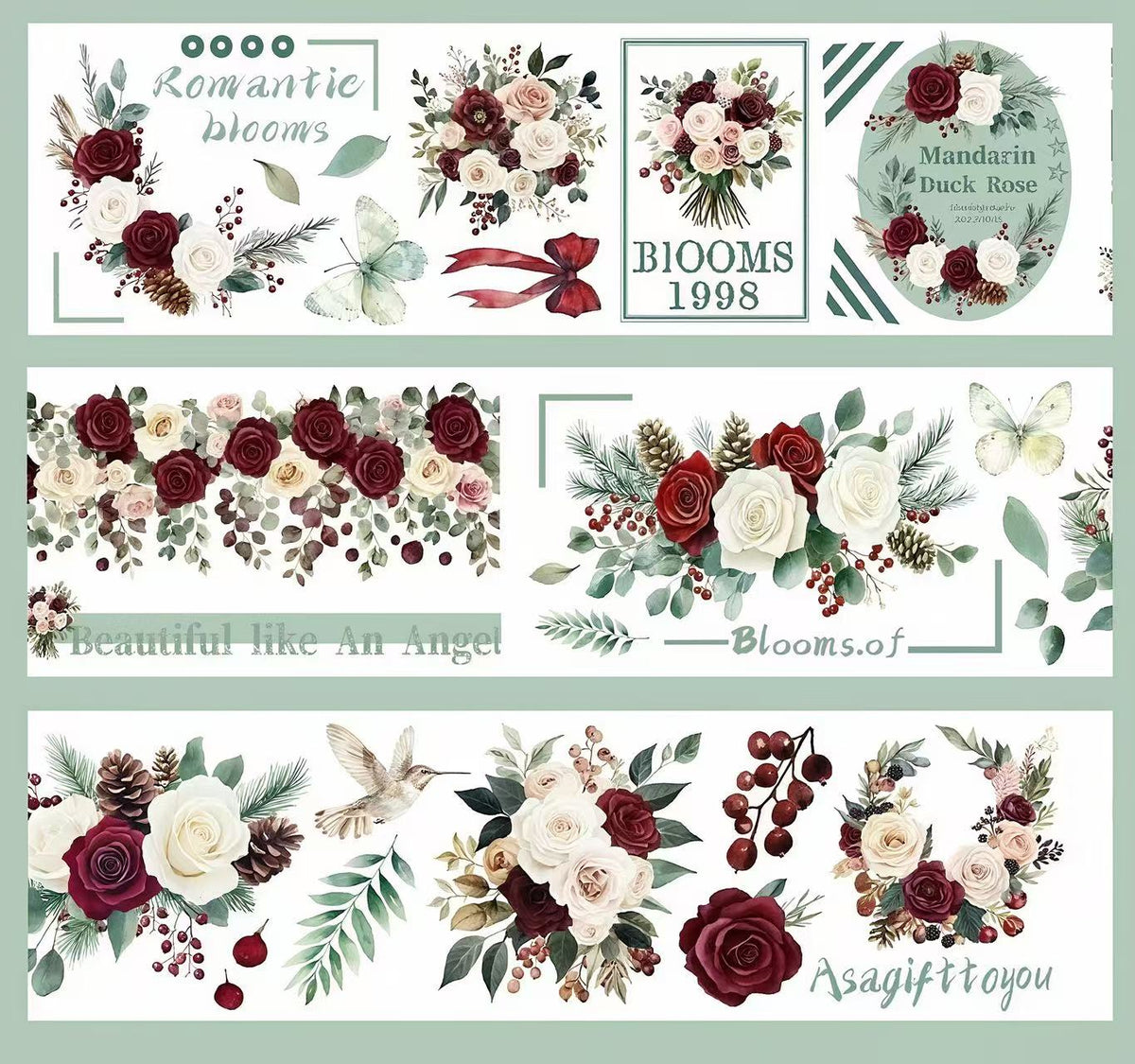 Elegant Berry Rose Bird Butterfly Die‑Cut PET Tape