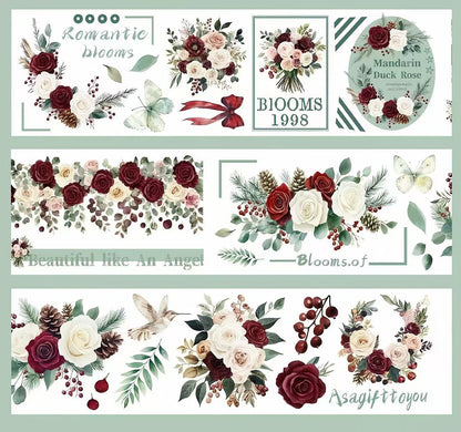 Elegant Berry Rose Bird Butterfly Die‑Cut PET Tape
