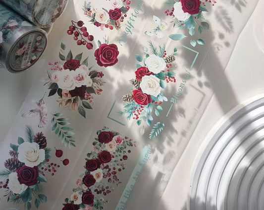 Elegant Berry Rose Bird Butterfly Die‑Cut PET Tape