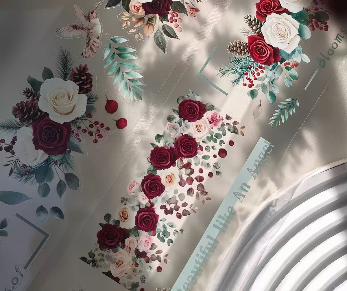 Elegant Berry Rose Bird Butterfly Die‑Cut PET Tape