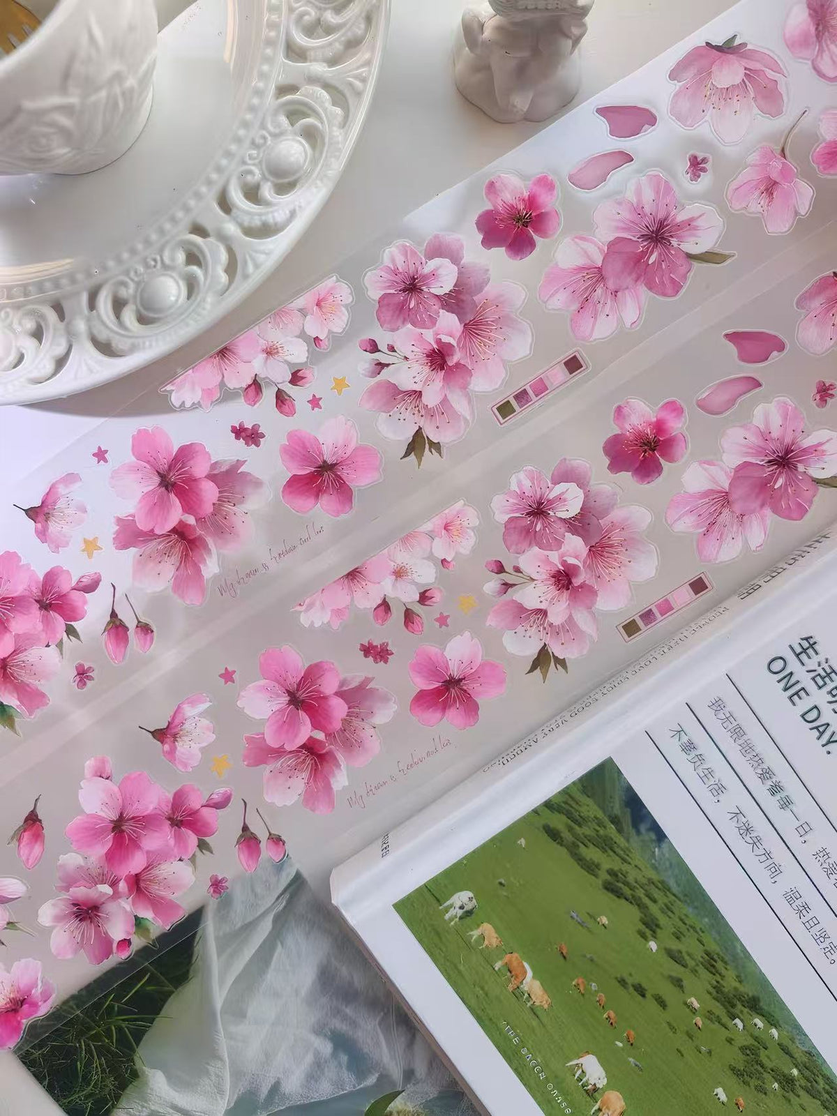 Spring Pink Cherry Blossom Die‑Cut PET Tape