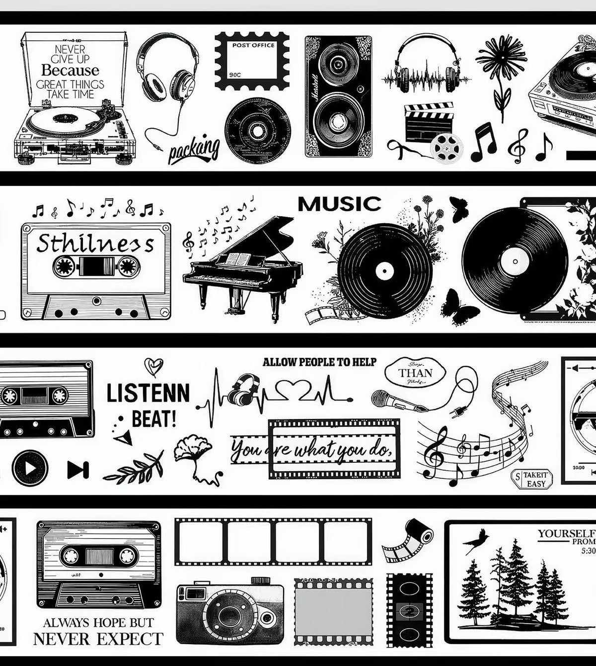 Retro Record Cassette Music Film Element Die‑Cut PET Tape