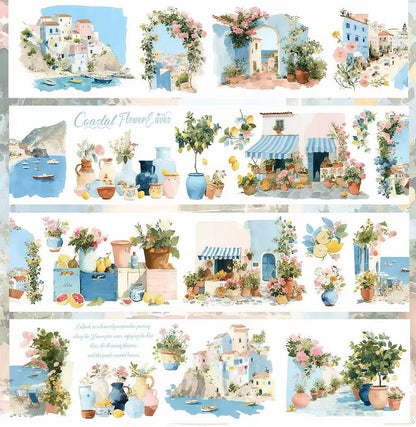 Coastal Harbour Floral Street Scene Die‑Cut PET Tape