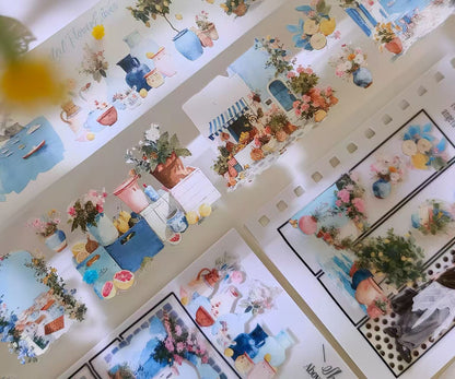 Coastal Harbour Floral Street Scene Die‑Cut PET Tape