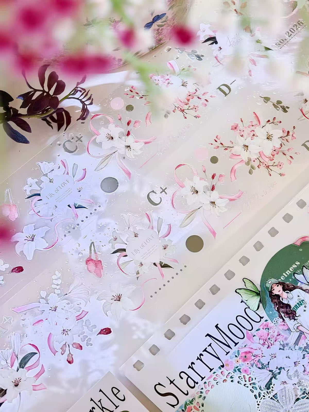 Pink Lily Floral Ribbon Die‑Cut PET Tape