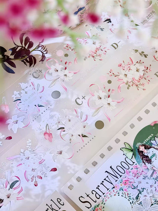 Pink Lily Floral Ribbon Die‑Cut PET Tape