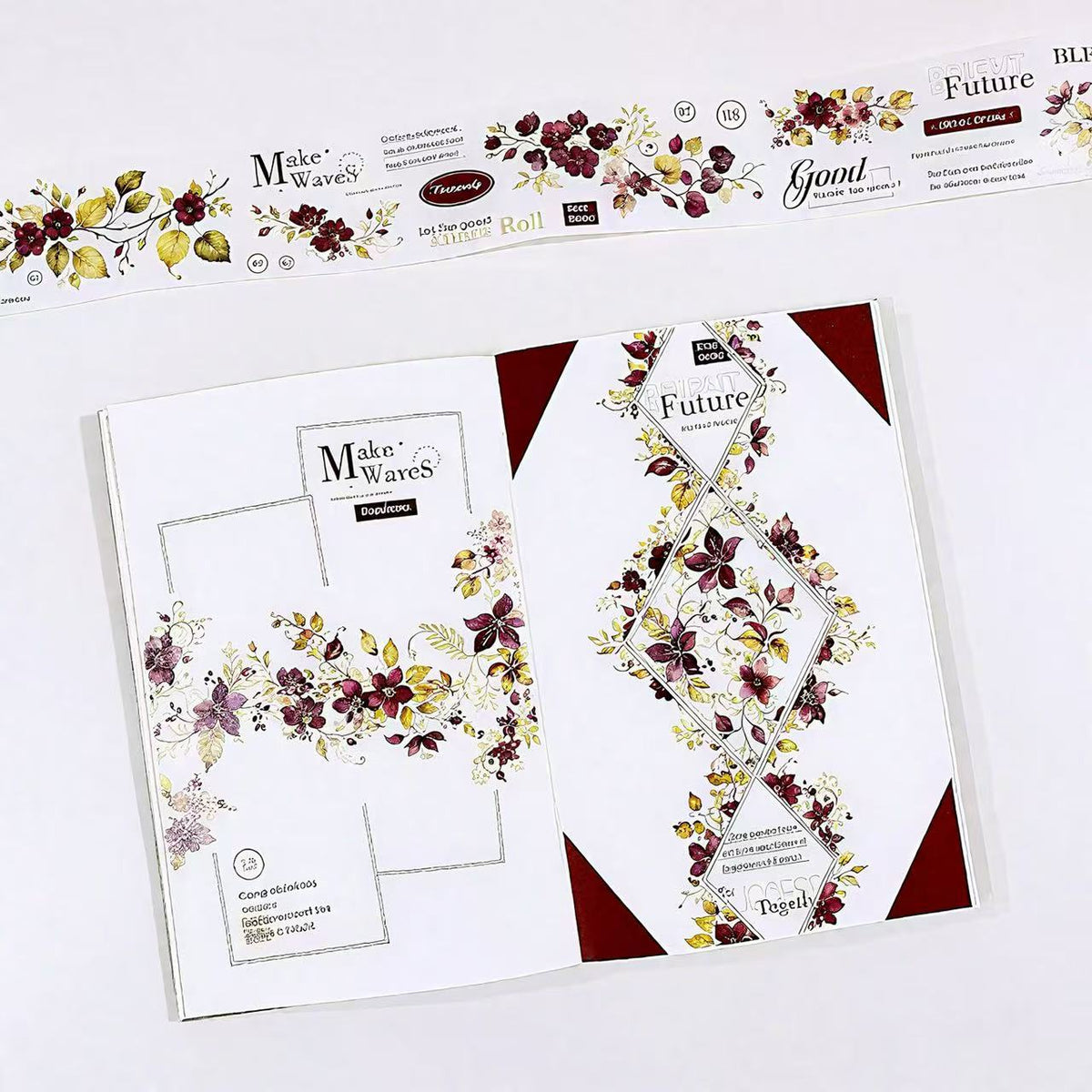 Burgundy Warm Floral Greeting Script Washi Tape