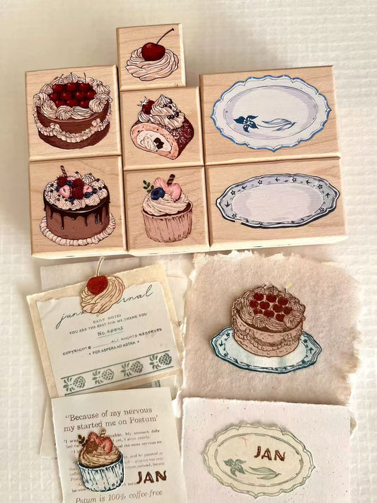 Hand-drawn Dessert & Porcelain Plate Wooden Stamp