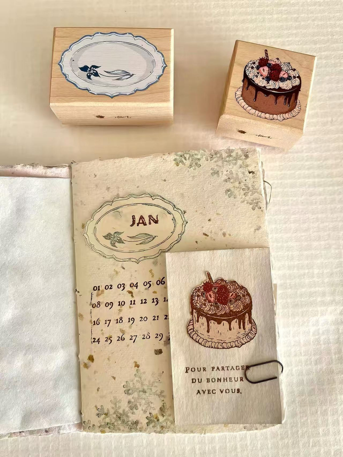 Hand-drawn Dessert & Porcelain Plate Wooden Stamp