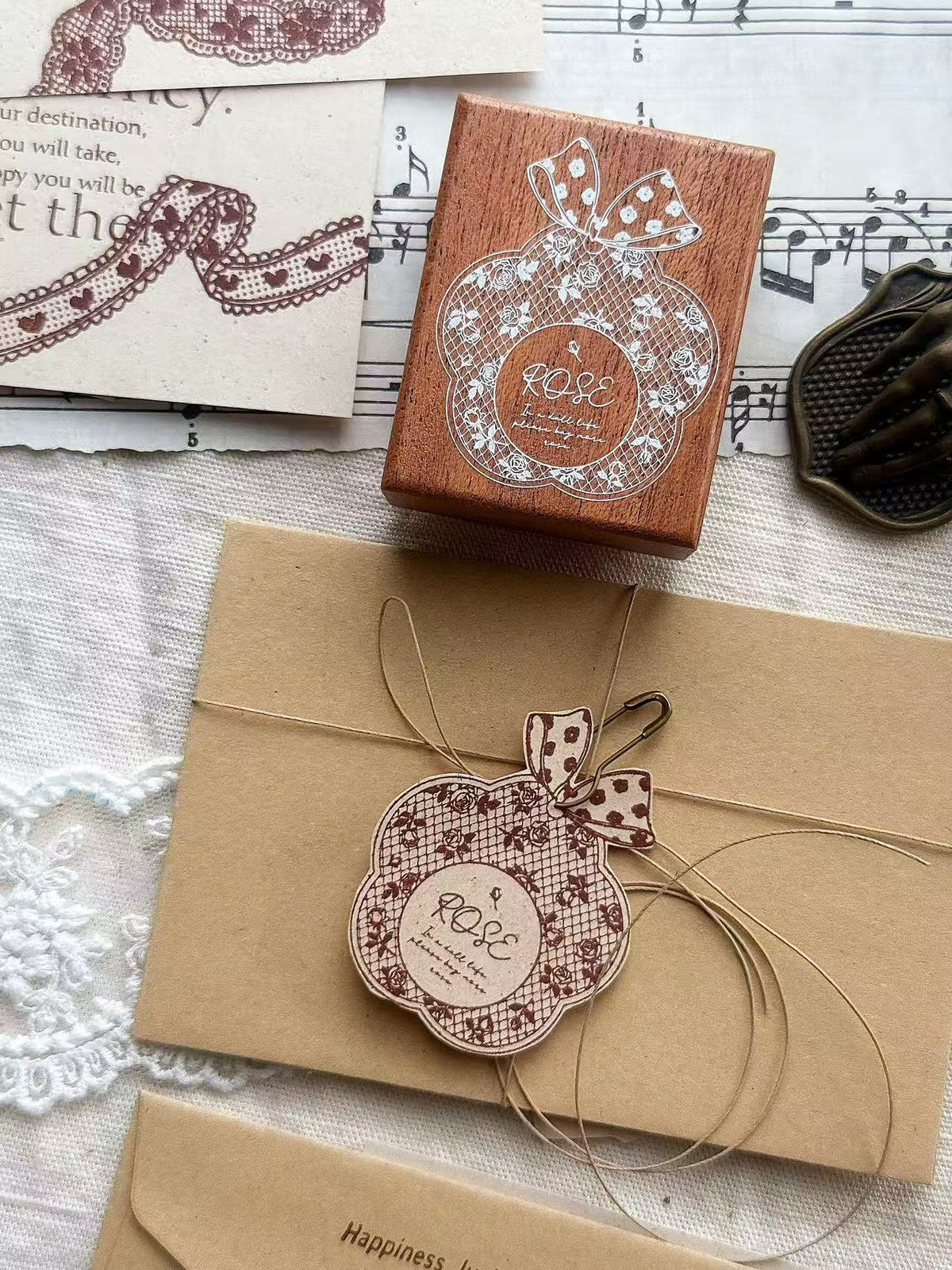 Lace & Bow Wooden Rubber Stamp