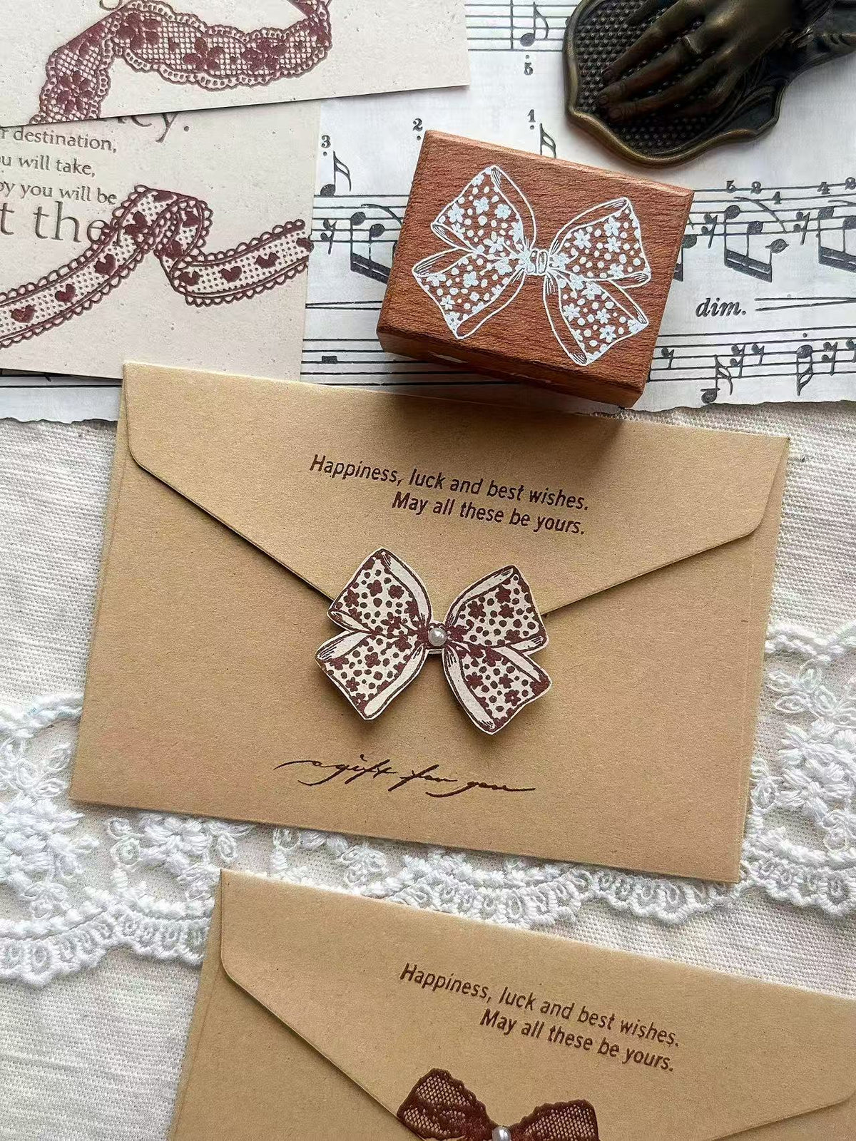 Lace & Bow Wooden Rubber Stamp