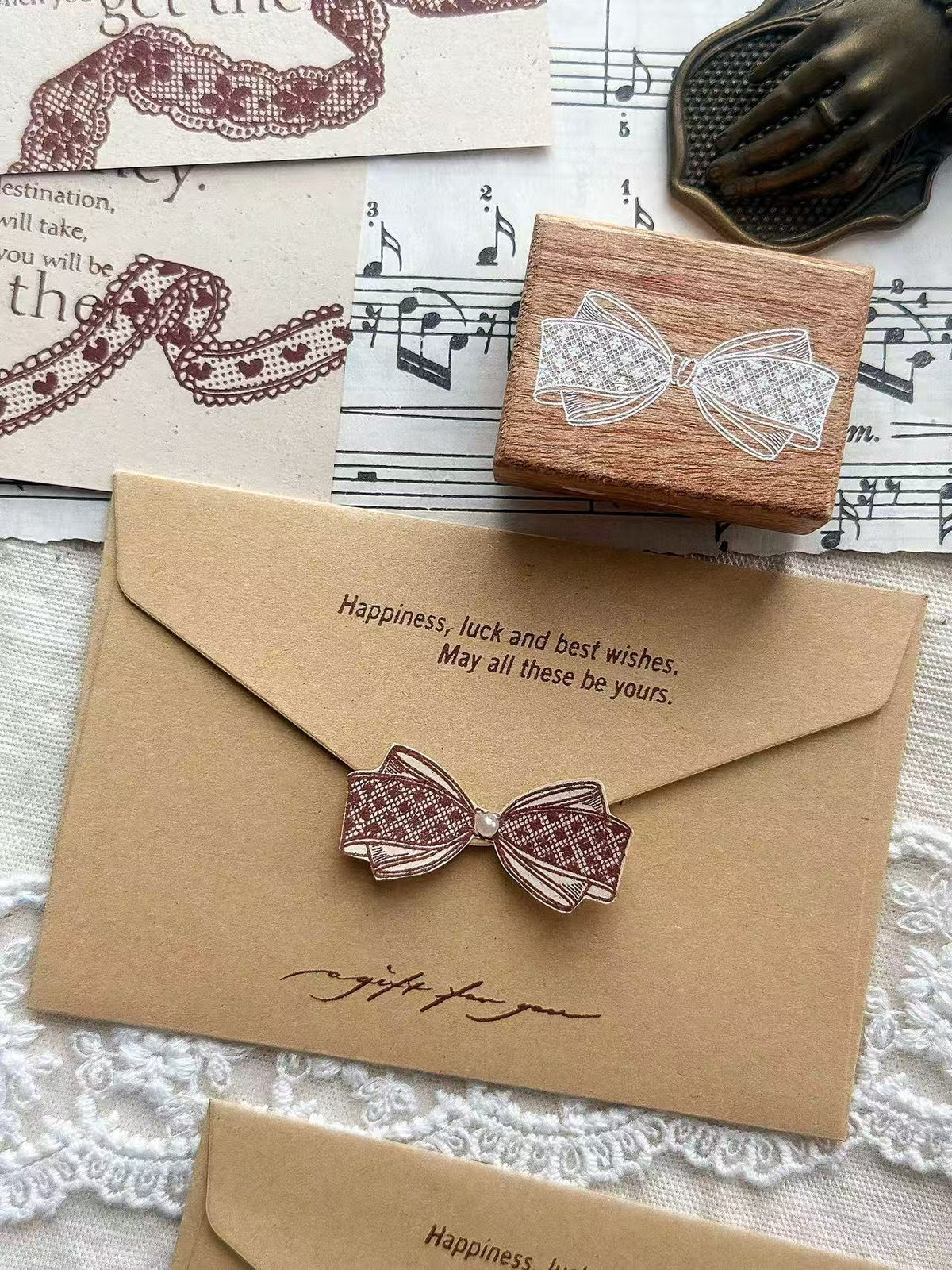 Lace & Bow Wooden Rubber Stamp