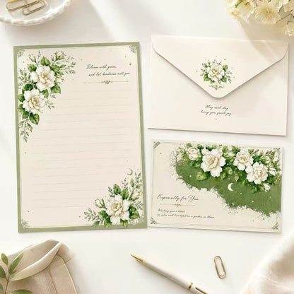 White Floral Stationery Set, Writing Papers with Envelopes (5p)