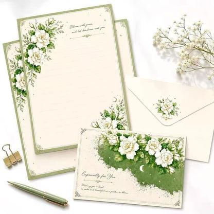White Floral Stationery Set, Writing Papers with Envelopes (5p)