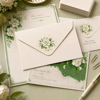 White Floral Stationery Set, Writing Papers with Envelopes (5p)