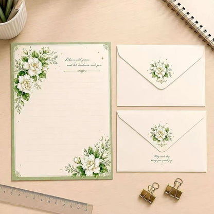 White Floral Stationery Set, Writing Papers with Envelopes (5p)