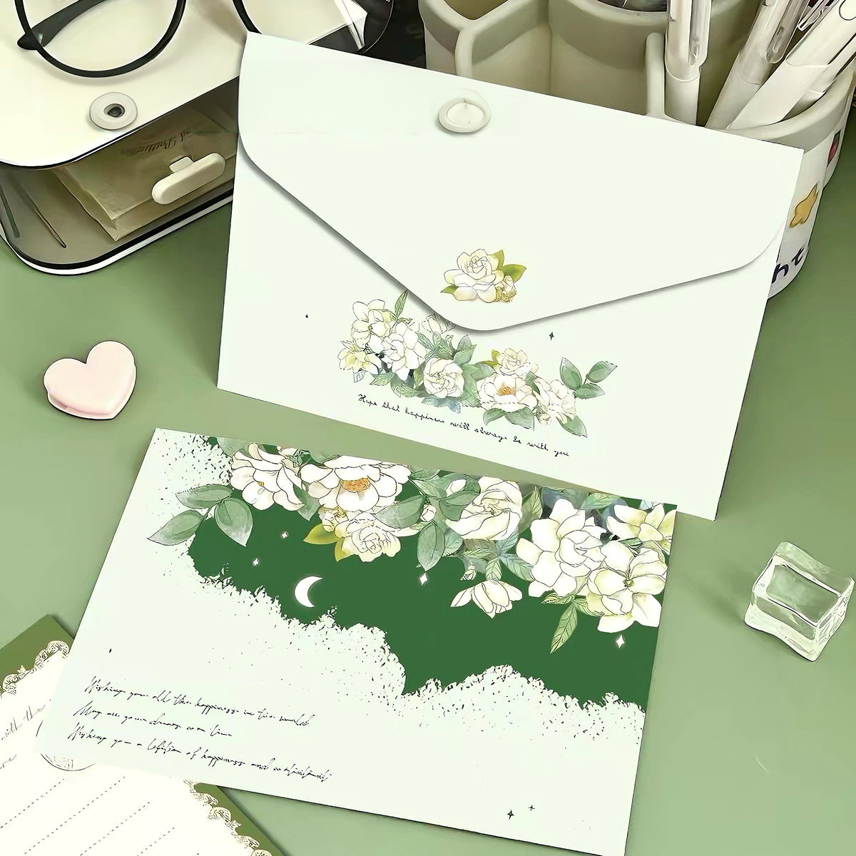 Gardenia Floral Stationery Set, Letter Writing Papers with Matching Envelopes (5p)