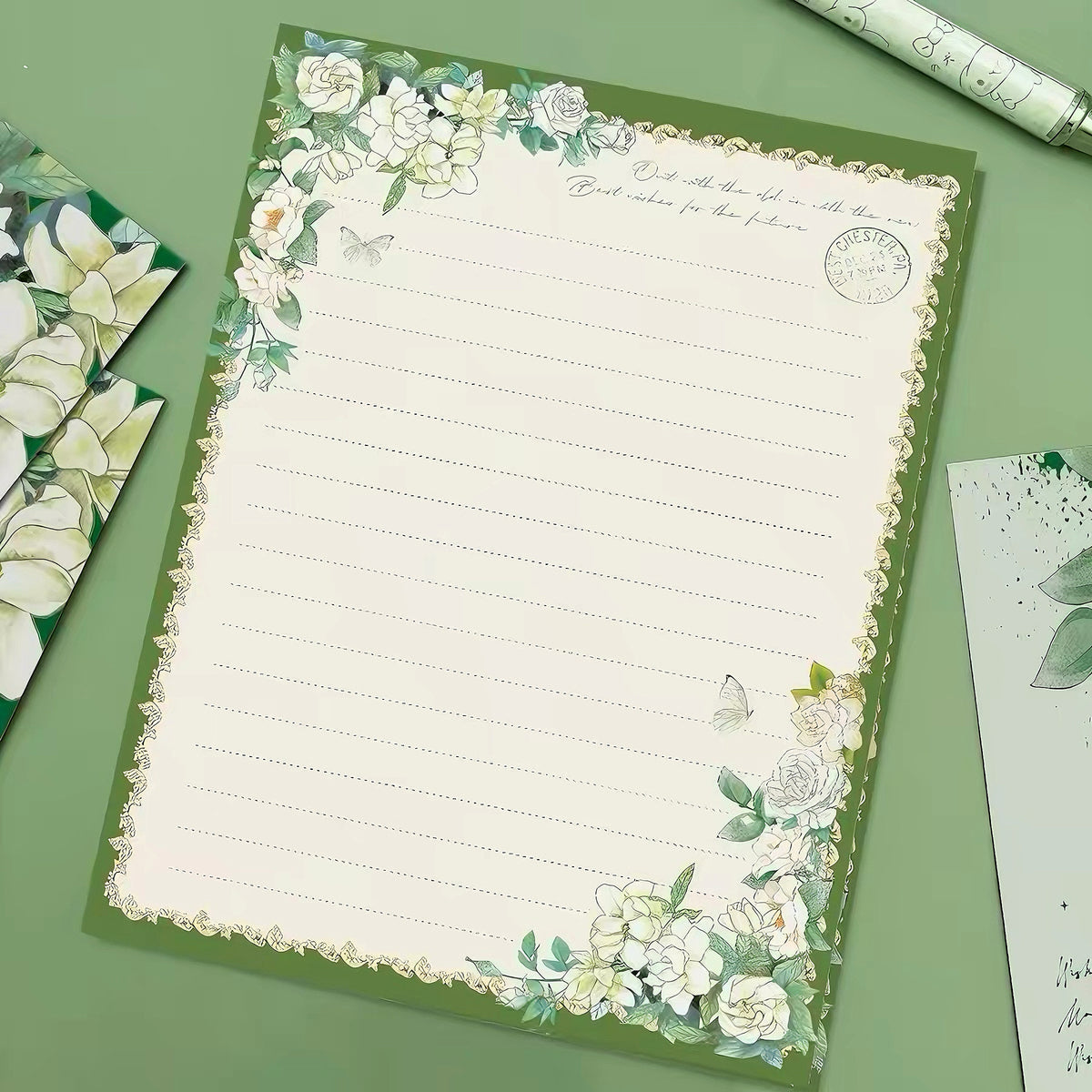 Gardenia Floral Stationery Set, Letter Writing Papers with Matching Envelopes (5p)